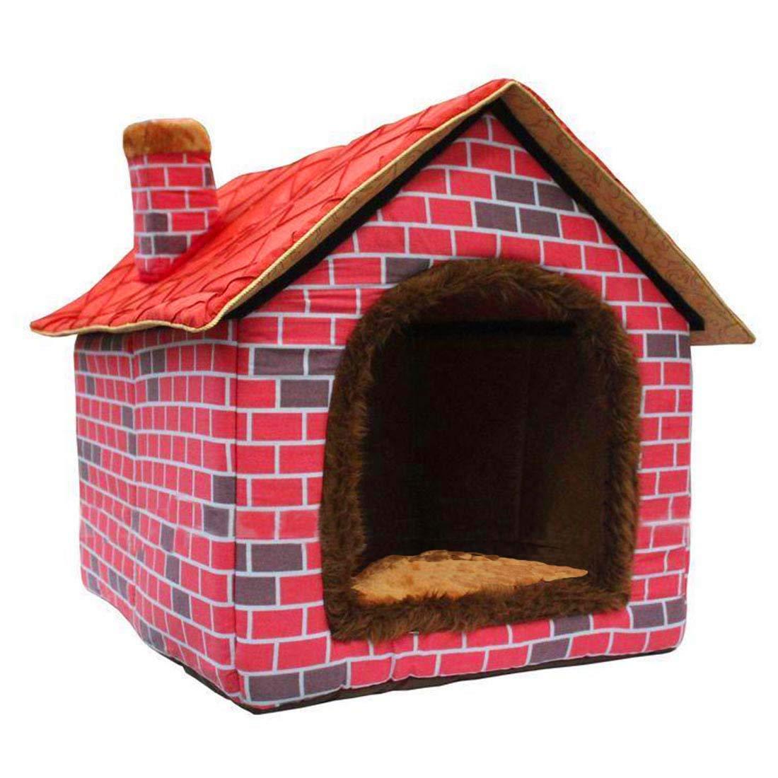 Hanshu Warm Indoor Soft Kennel Pet LarDog House Doggy Beds with Mat, Red