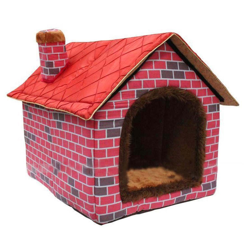 Hanshu Warm Indoor Soft Kennel Pet LarDog House Doggy Beds with Mat, Red