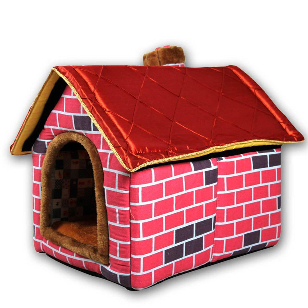 Hanshu Warm Indoor Soft Kennel Pet LarDog House Doggy Beds with Mat, Red