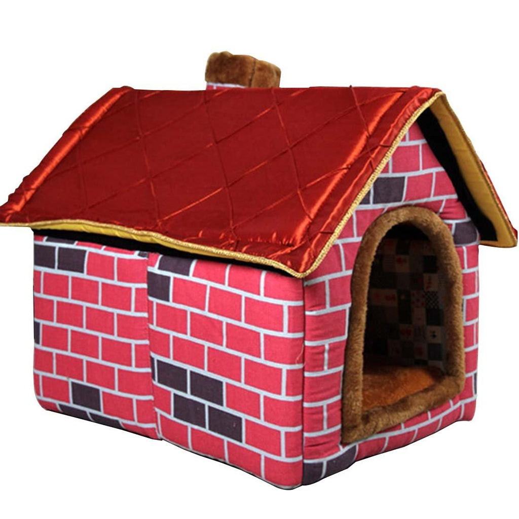 Hanshu Warm Indoor Soft Kennel Pet LarDog House Doggy Beds with Mat, Red