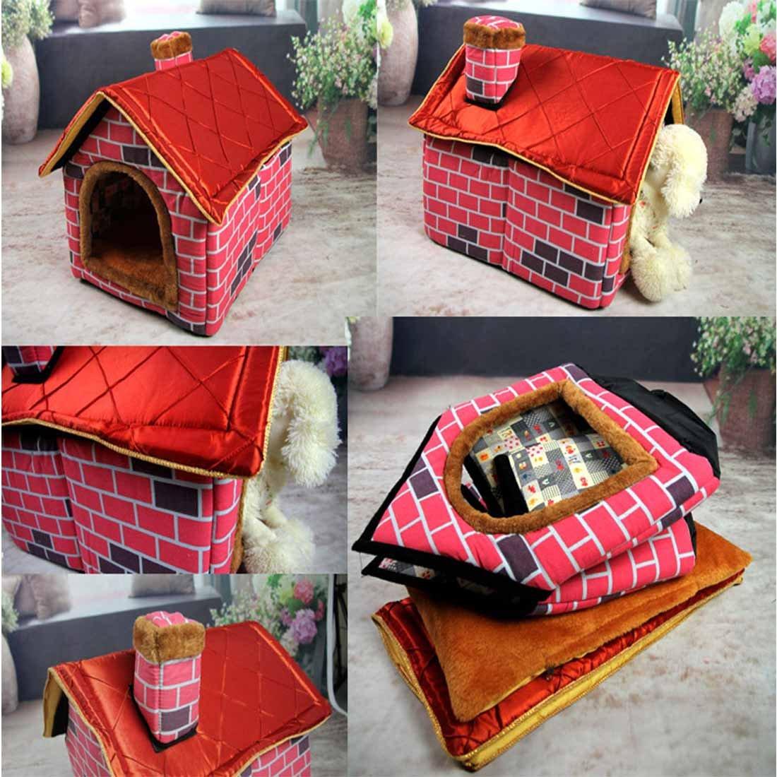 Hanshu Warm Indoor Soft Kennel Pet LarDog House Doggy Beds with Mat, Red
