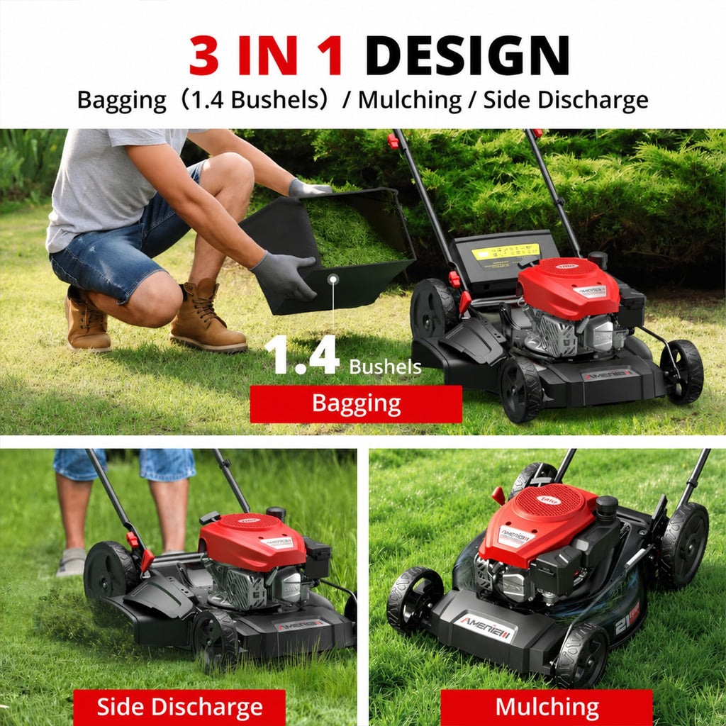 Gas Lawn Mower 21 in, 144cc 4-Stroke Walk-Behind Push Mower, 3-in-1 Mulch Bag Side DischarSystem, 6 Adjustable Cutting Heights, Heavy Steel Deck for Yard &amp; Garden Care