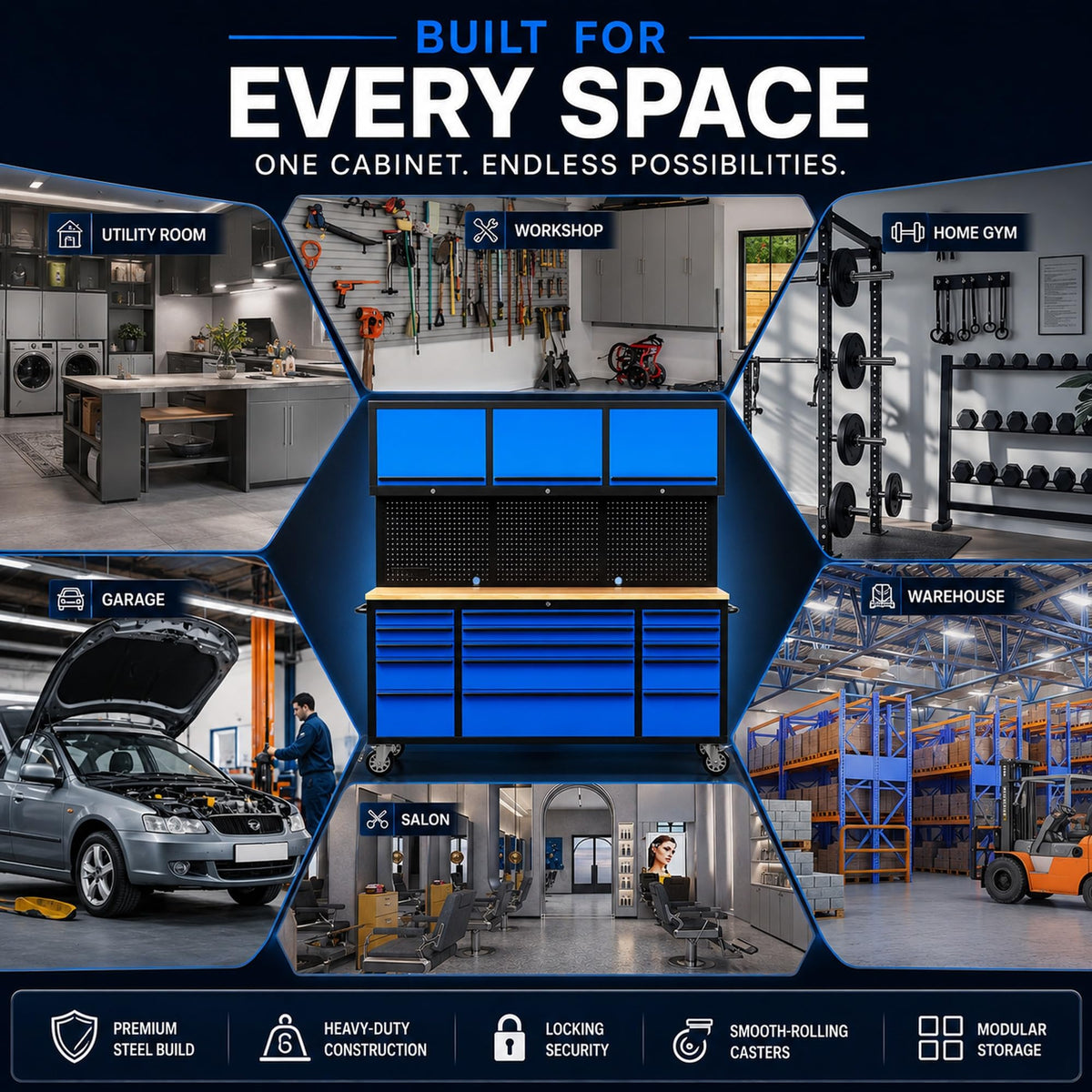 72 inch Tool Chest Tool Box Mobile 15 Drawer Stora3 Upper Cabinet Power Outlet SS-Pegboard with Wheels Lock Key LocSystem Drawer Liners for GaraWarehouse Repair Shop