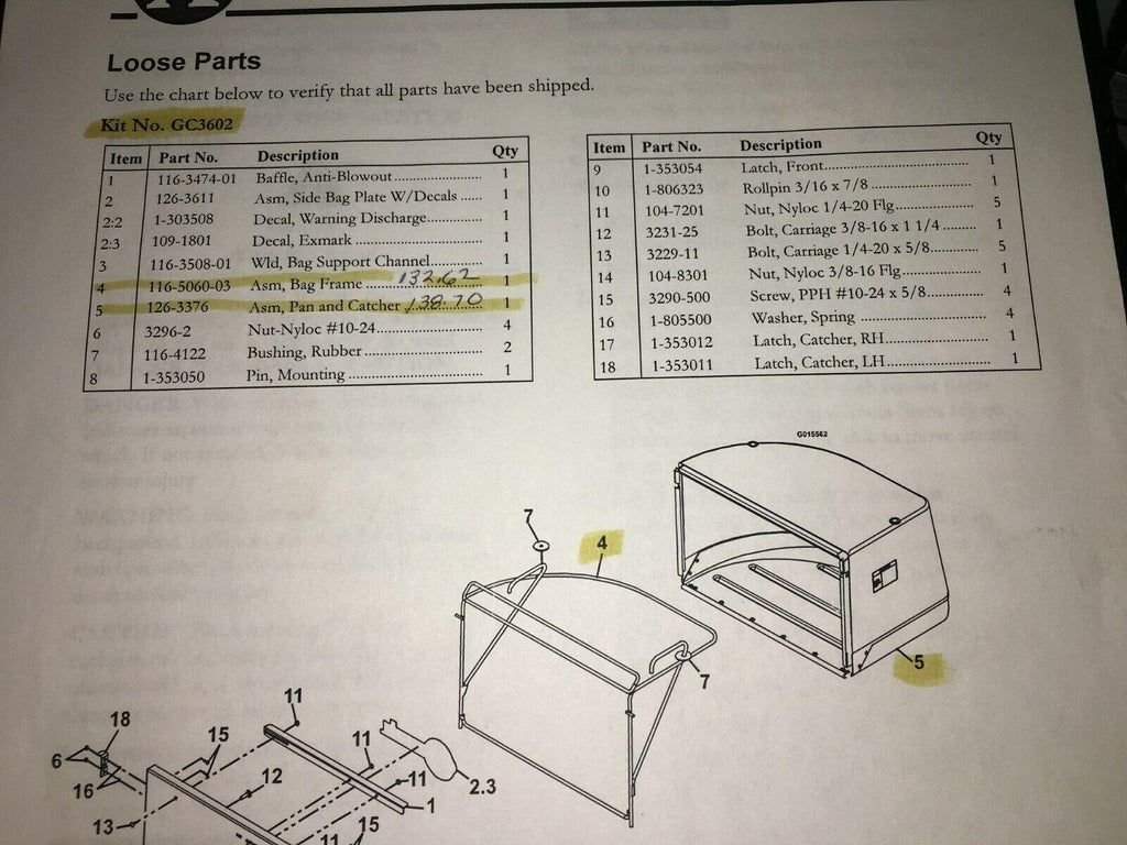 EXMARK GRASS BAG & ONLY PART OF GC3602 116-5060-03 126-3376 BAG MOW