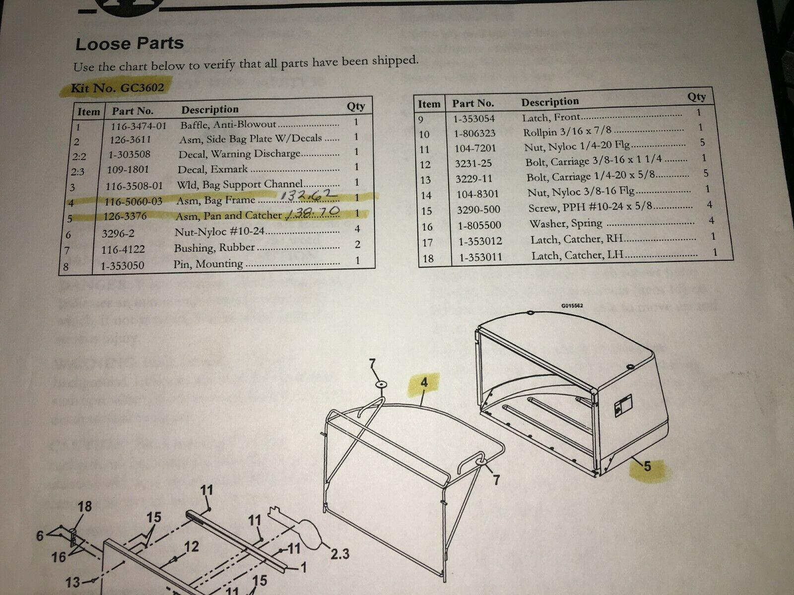 EXMARK GRASS BAG & ONLY PART OF GC3602 116-5060-03 126-3376 BAG MOW