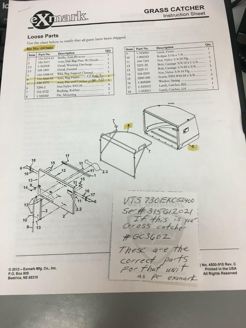EXMARK GRASS BAG & ONLY PART OF GC3602 116-5060-03 126-3376 BAG MOW