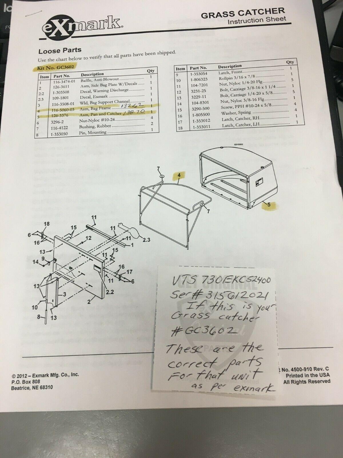 EXMARK GRASS BAG & ONLY PART OF GC3602 116-5060-03 126-3376 BAG MOW