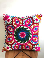 Suzani Embroidered Pillow Cover, Indian Outdoor Cushions, Decorative Throw Pillow Case, Pom Pom Cushion Cover 16x16, Boho Pillow Shams (50)