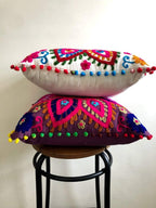 Suzani Embroidered Pillow Cover, Indian Outdoor Cushions, Decorative Throw Pillow Case, Pom Pom Cushion Cover 16x16, Boho Pillow Shams (50)