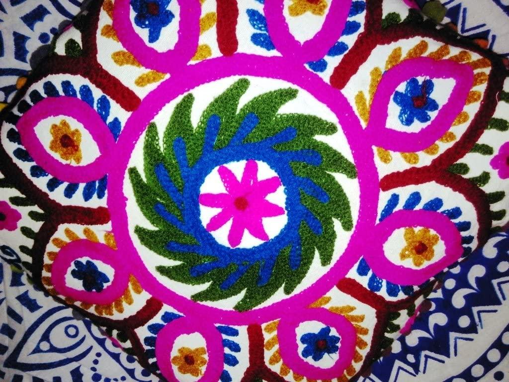 Suzani Embroidered Pillow Cover, Indian Outdoor Cushions, Decorative Throw Pillow Case, Pom Pom Cushion Cover 16x16, Boho Pillow Shams (50)
