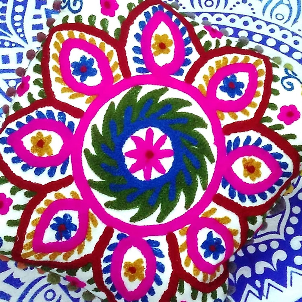 Suzani Embroidered Pillow Cover, Indian Outdoor Cushions, Decorative Throw Pillow Case, Pom Pom Cushion Cover 16x16, Boho Pillow Shams (50)
