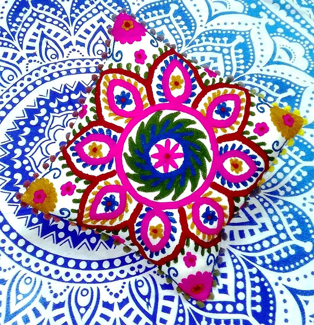 Suzani Embroidered Pillow Cover, Indian Outdoor Cushions, Decorative Throw Pillow Case, Pom Pom Cushion Cover 16x16, Boho Pillow Shams (50)