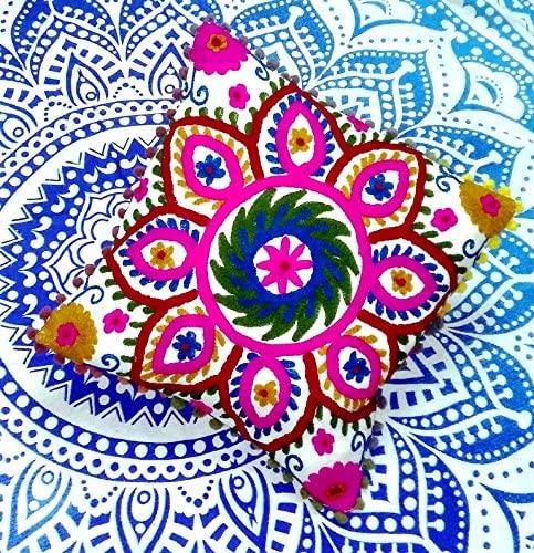 Suzani Embroidered Pillow Cover, Indian Outdoor Cushions, Decorative Throw Pillow Case, Pom Pom Cushion Cover 16x16, Boho Pillow Shams (50)