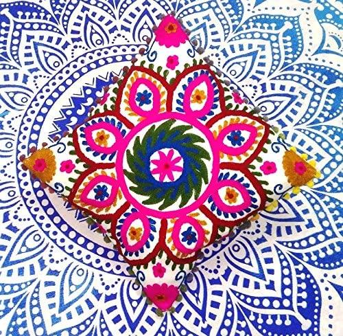 Suzani Embroidered Pillow Cover, Indian Outdoor Cushions, Decorative Throw Pillow Case, Pom Pom Cushion Cover 16x16, Boho Pillow Shams (50)