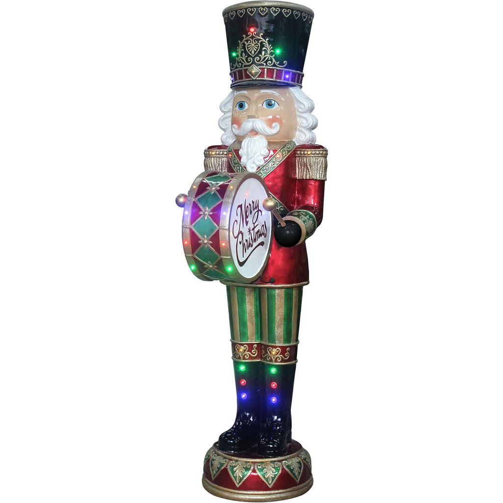 Fraser Hill Farm Indoor/Outdoor Oversized Christmas Decor, 6-Ft. Nutcracker Playing Bass Drum w/ Moving Hands, Music, Timer, and 32 LED Lights