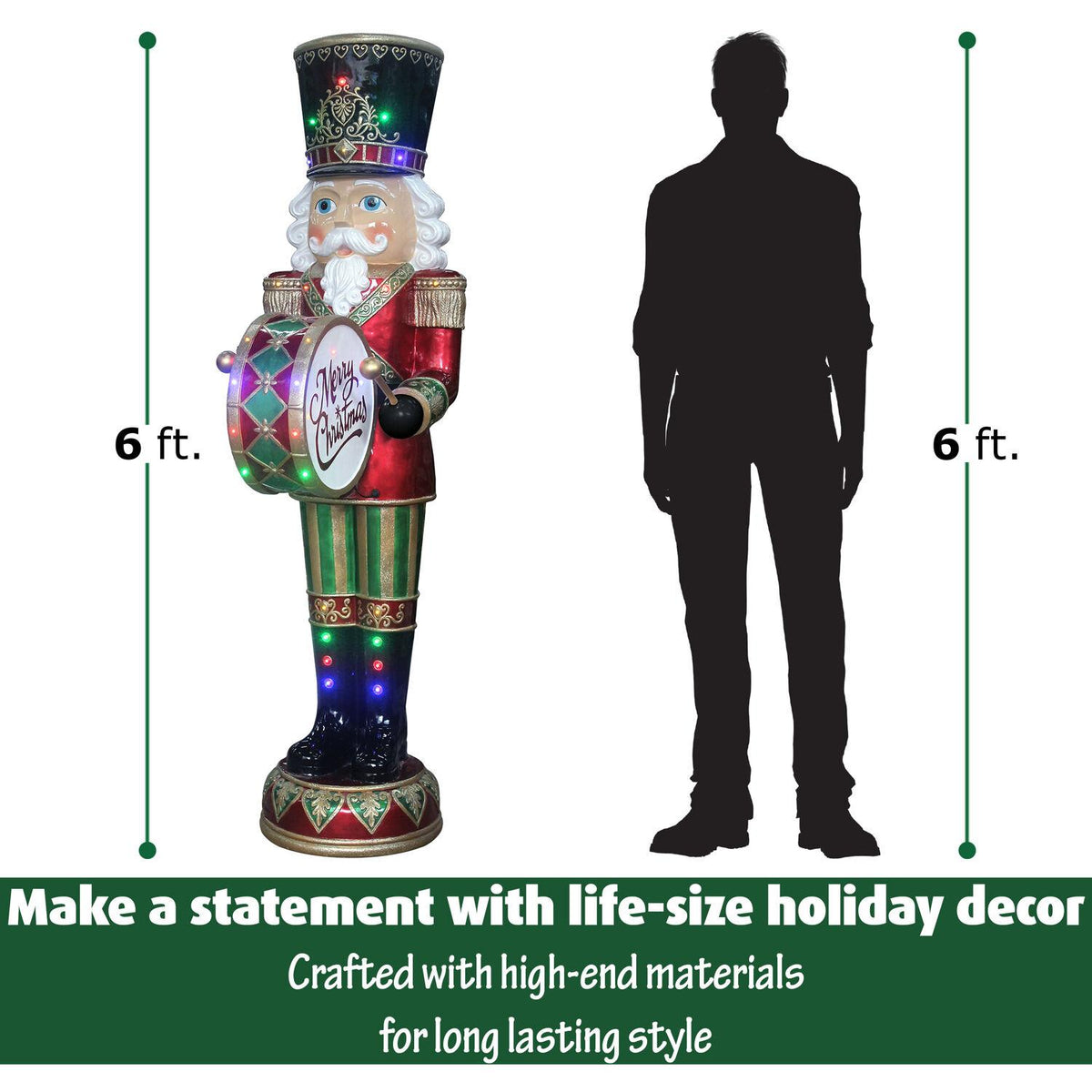 Fraser Hill Farm Indoor/Outdoor Oversized Christmas Decor, 6-Ft. Nutcracker Playing Bass Drum w/ Moving Hands, Music, Timer, and 32 LED Lights