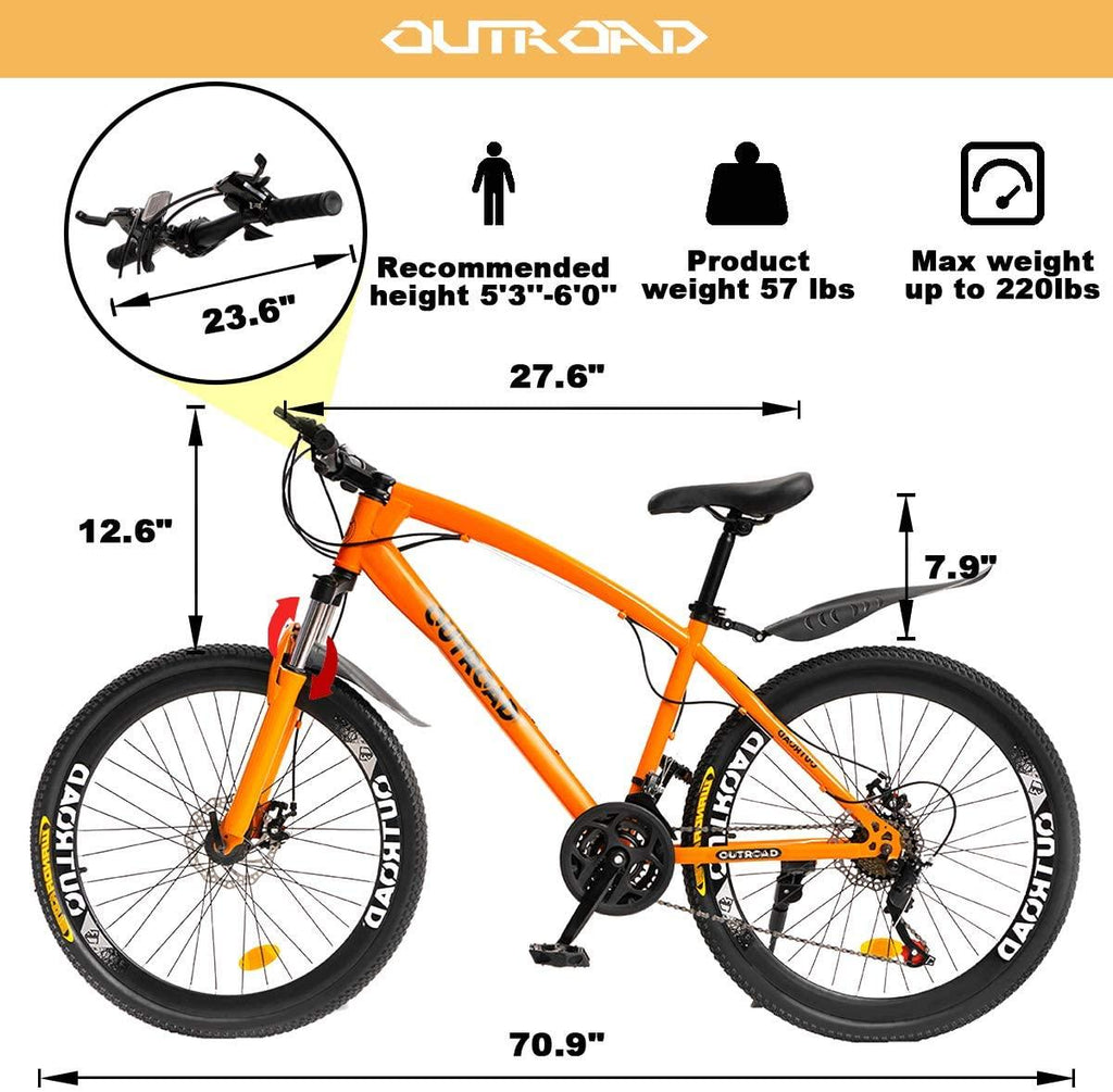 Outroad 26 Inches Mountain Bike for Men/Women, 21 Speeds Trek Bike, 26 in Wheels, Full Suspension Adult Bicycle Spring Fork Anti-Slip Bikes, Orange