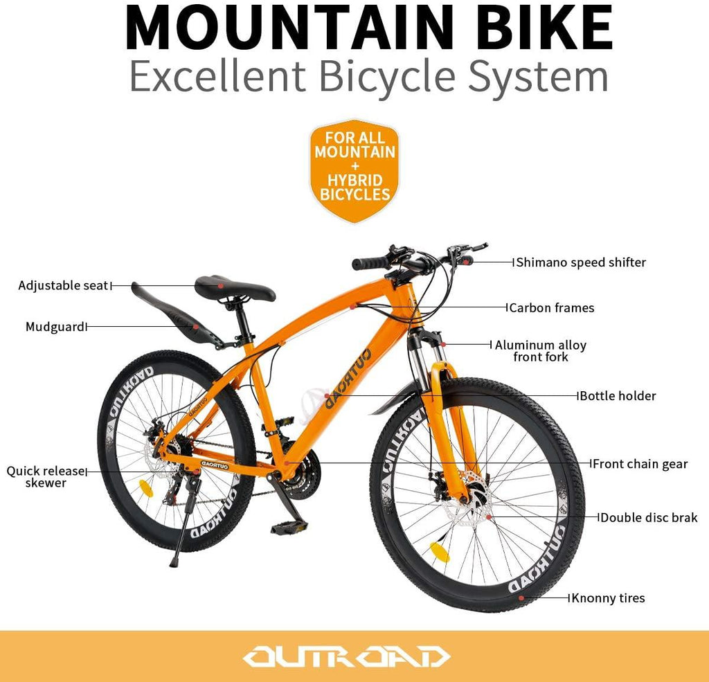 Outroad 26 Inches Mountain Bike for Men/Women, 21 Speeds Trek Bike, 26 in Wheels, Full Suspension Adult Bicycle Spring Fork Anti-Slip Bikes, Orange