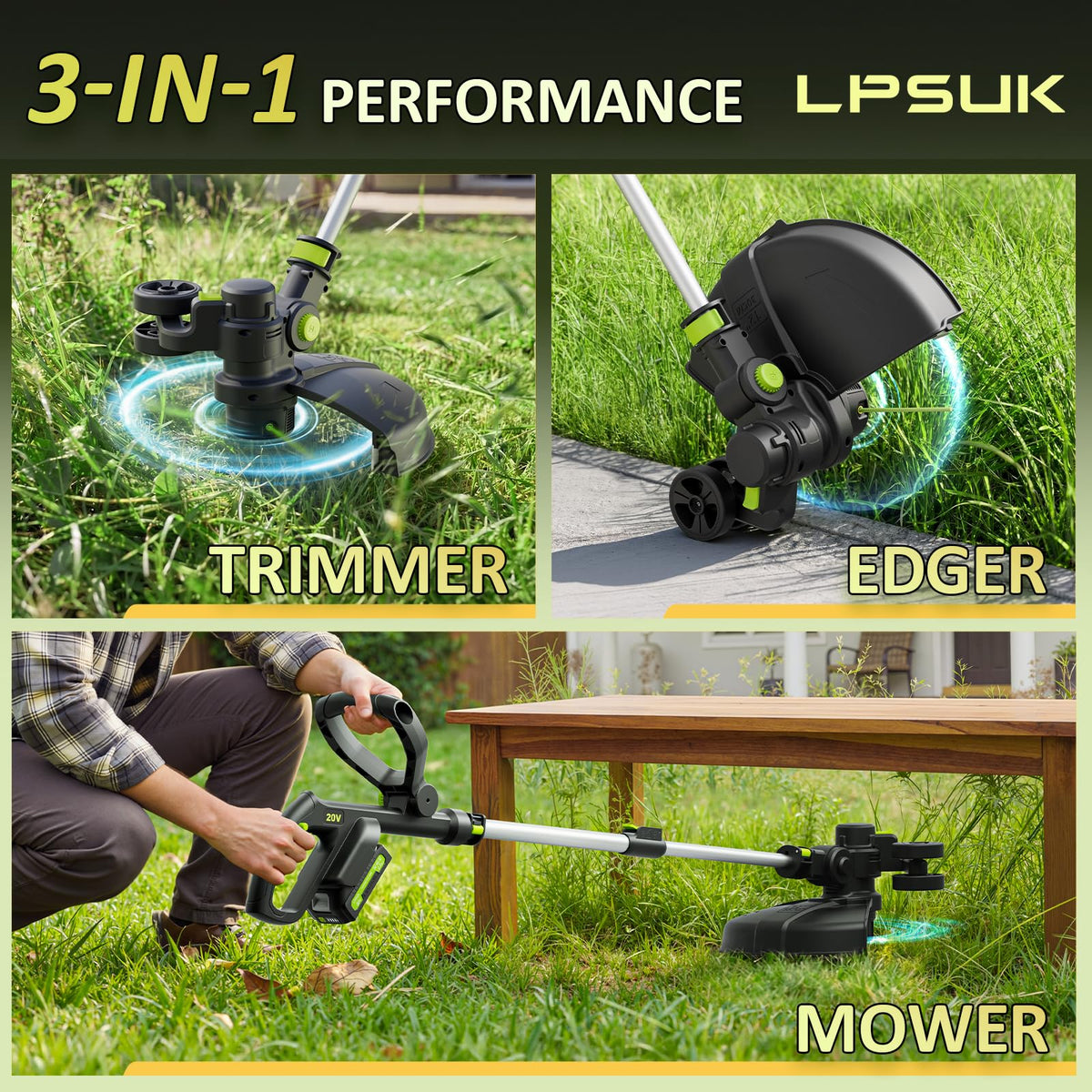 20V Cordless String Trimmer, 2.0Ah Battery Powered with Fast Charger, 12'' Grass Cutter with Auto Line Feed, 3-in-1 Electric Lawn Mower Grass Trimmer &amp; Edger Lawn Tool with 8 Lines for Yard, Garden