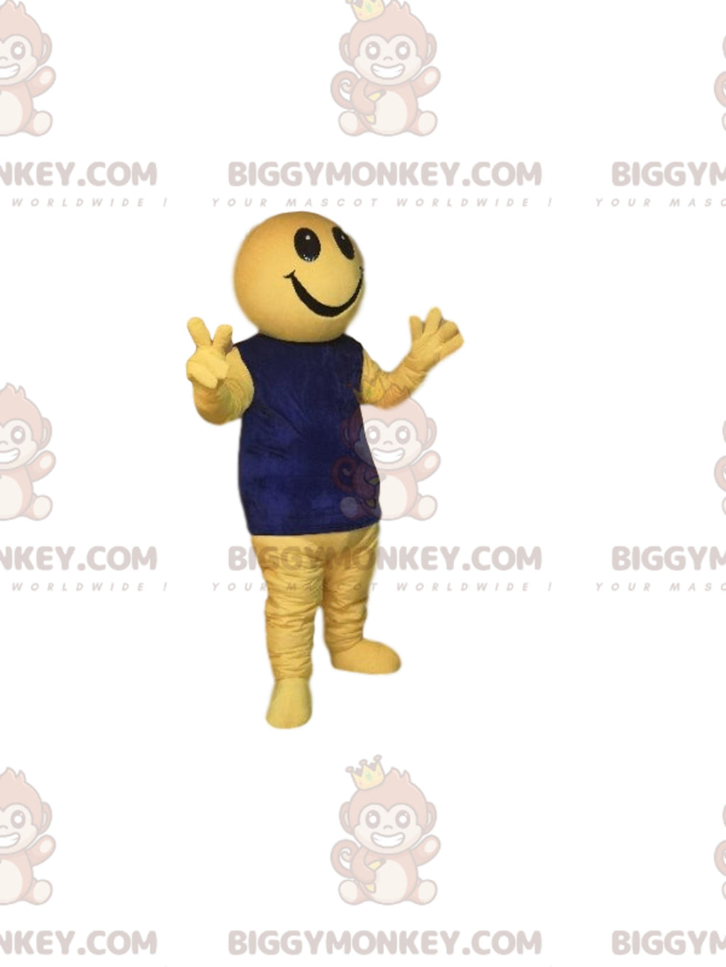 BIGGYMONKEYMascot Costume Very Happy Yellow Character With Blue Shirt