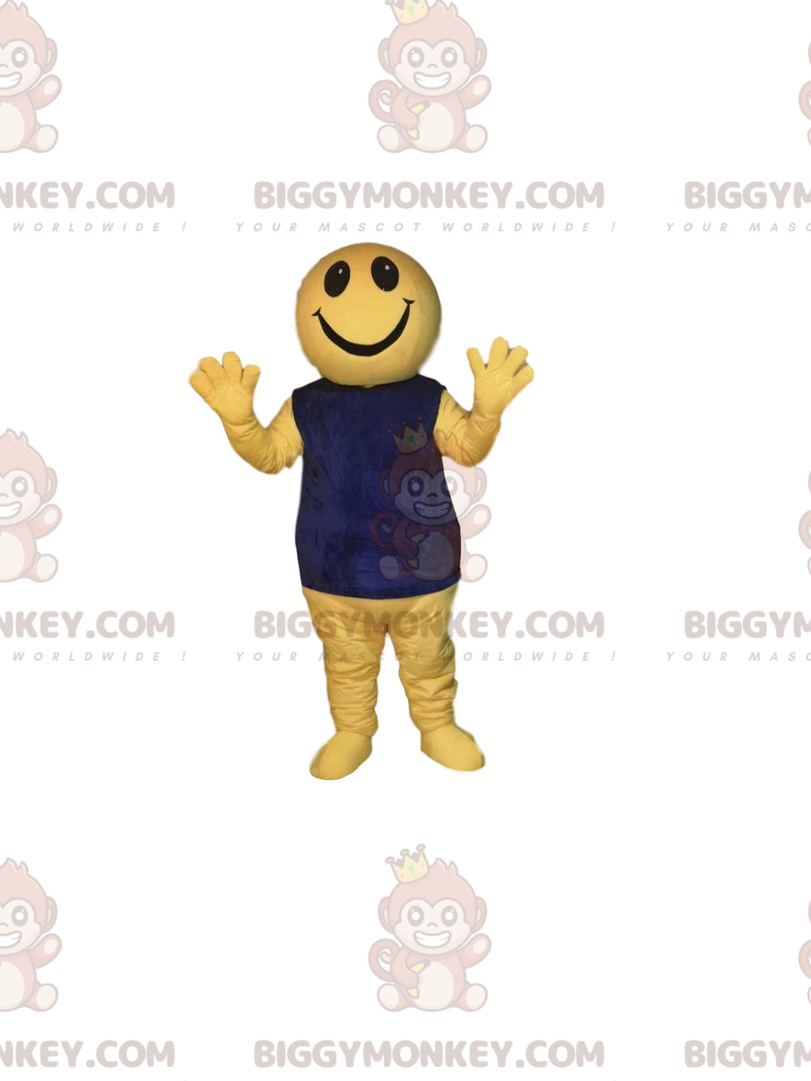 BIGGYMONKEYMascot Costume Very Happy Yellow Character With Blue Shirt