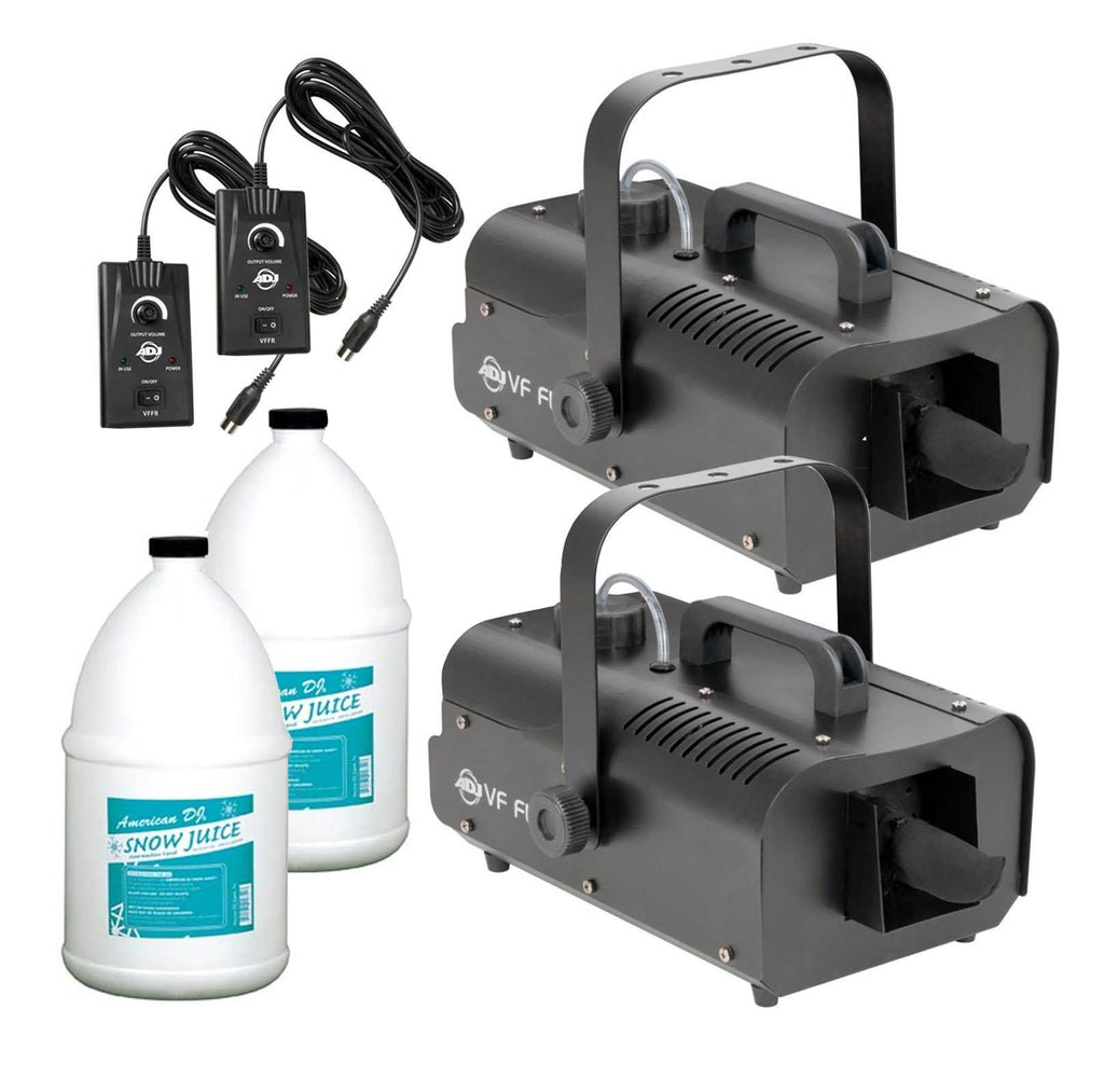 (2) American DJ VF Flurry High Output Snow Machines w/ Remotes &amp; (2) Snow Fluids