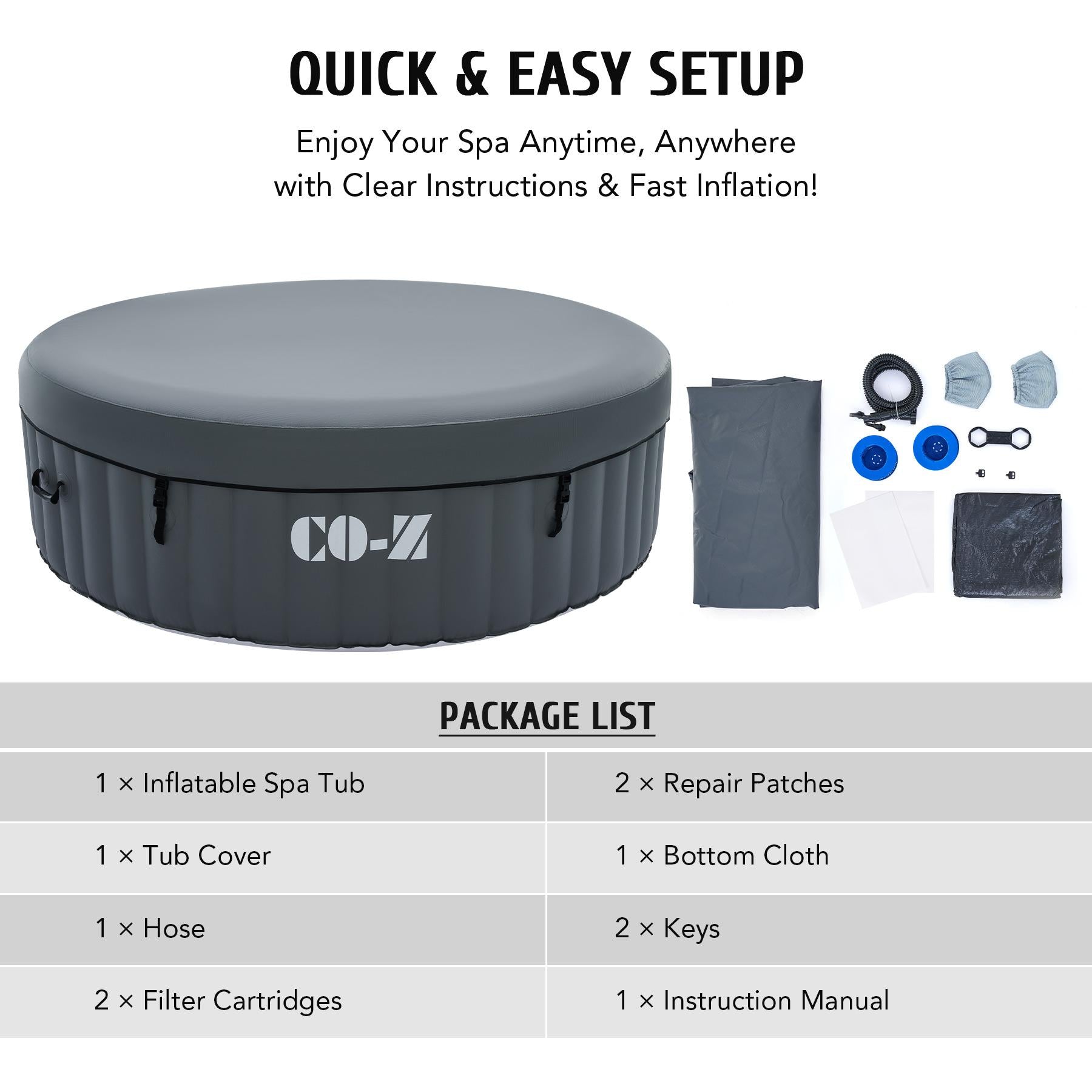 co-z 4-6 person 7' blow up hot tub w 130 air jets heater cover electric pump portable pool gray