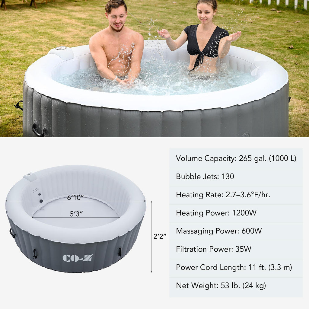 co-z 4-6 person 7' blow up hot tub w 130 air jets heater cover electric pump portable pool gray