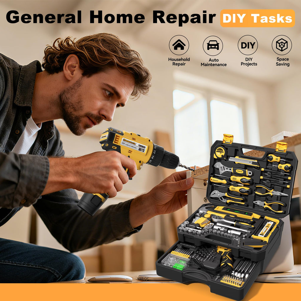 Tool Kit Box Drill Set with 12V Power Cordless Drill 299-Piece Tool Kit for Home Tool Set StoraCase with Drawer General Household Drill Set for Home Mechanics Repairs Men & Women, DIY