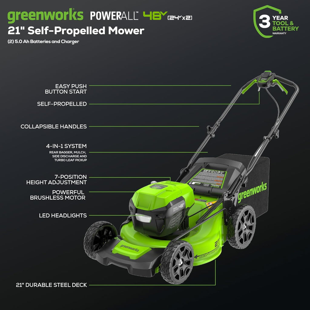 48V (24V x 2) 21" Brushless Self-Propelled Mower+12" String Trimmer+320CFM Blower,(2) 5.0Ah Batteries and 4A Dual Port Charger
