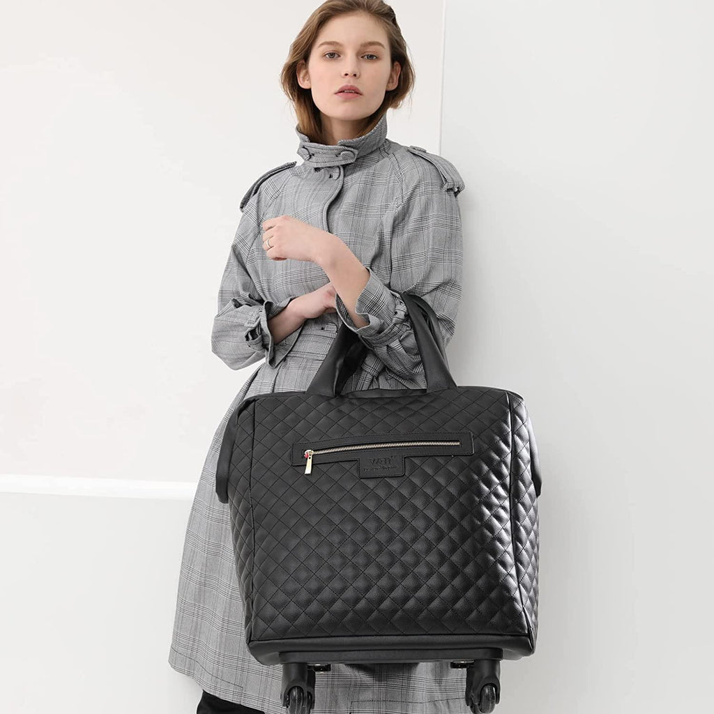 Leather Softside Underseat Carry on Suitcases Travel Duffel Bag with 4-rolling Spinner Wheels