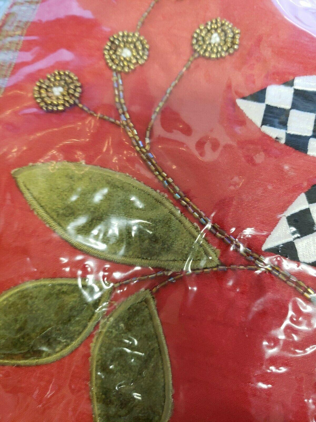Mackenzie Childs Trailing Holly Red Check Beaded Christmas Tree Skirt. NEW!