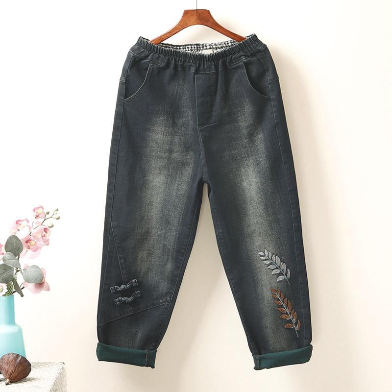 retro loose autumn embroidery harem denim pants