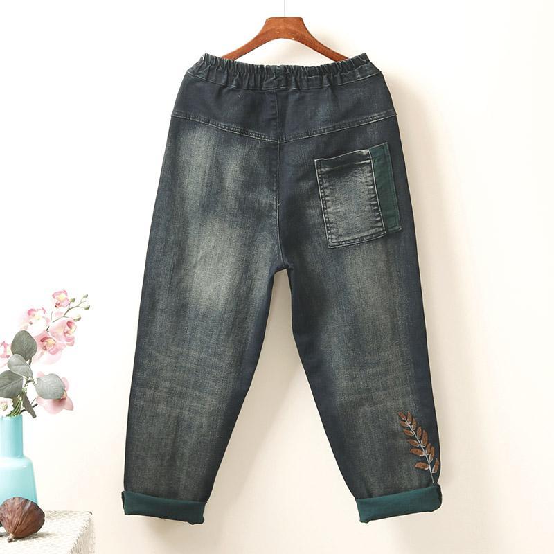 retro loose autumn embroidery harem denim pants