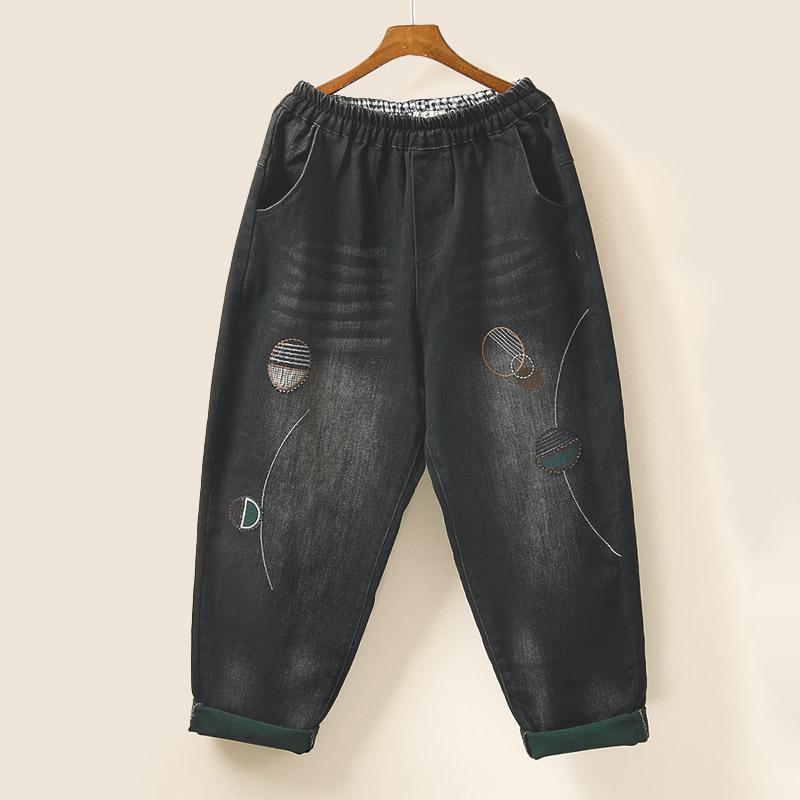 retro loose autumn embroidery harem denim pants