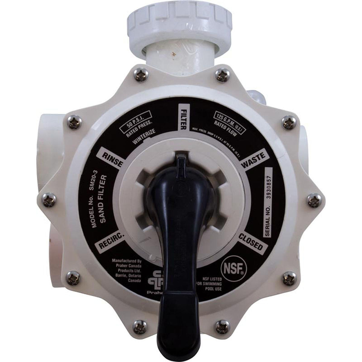 PRAHER Multiport Valve, Praher SM2-SR3U, 2", w/StaRite Plumbing, Wht