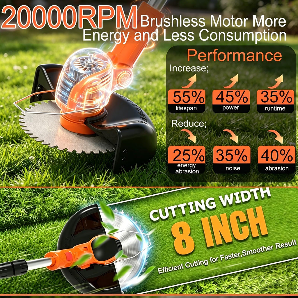 Cordles Weed Wacker, 21V Electric Weed Eater Battery Powered, No String Trimmer with Wheels &amp; Metal Blades, Lightweight Grass Trimmer/Lawn Edger/Brush Cutter, Stringless Weed Trimmer for Yard Garden