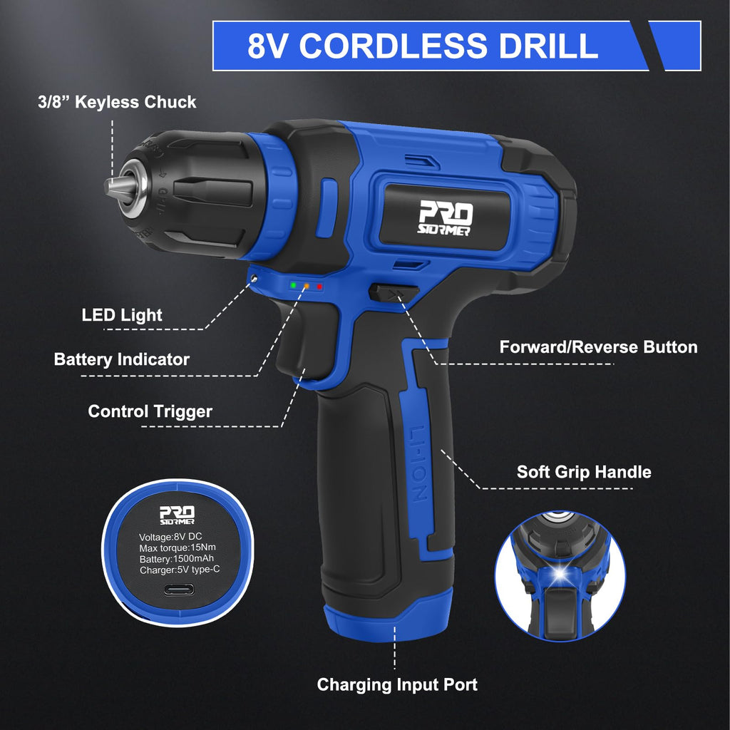 Tool Set with 8V Cordless Drill, 369-Piece Home Tool Kit with Drill Driver, Toolbox StoraCase with Drawer, General Household Tools for Home Repairs and DIY, Handyman (Blue)