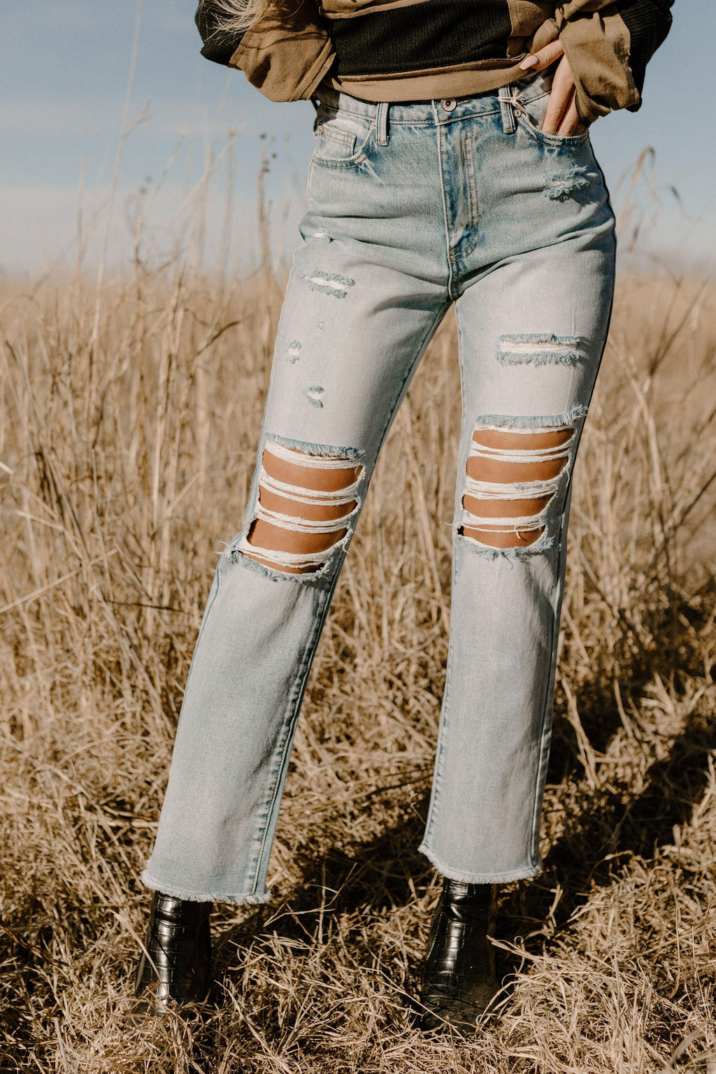 distressed light mom jeans