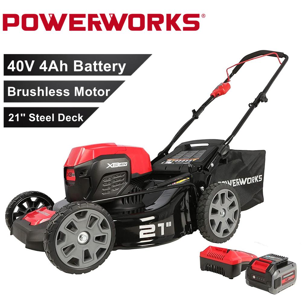 POWERWORKS 21'' Cordless Lawn Mower Brushless 40V 4.0Ah Lithium-Ion Walk Behind