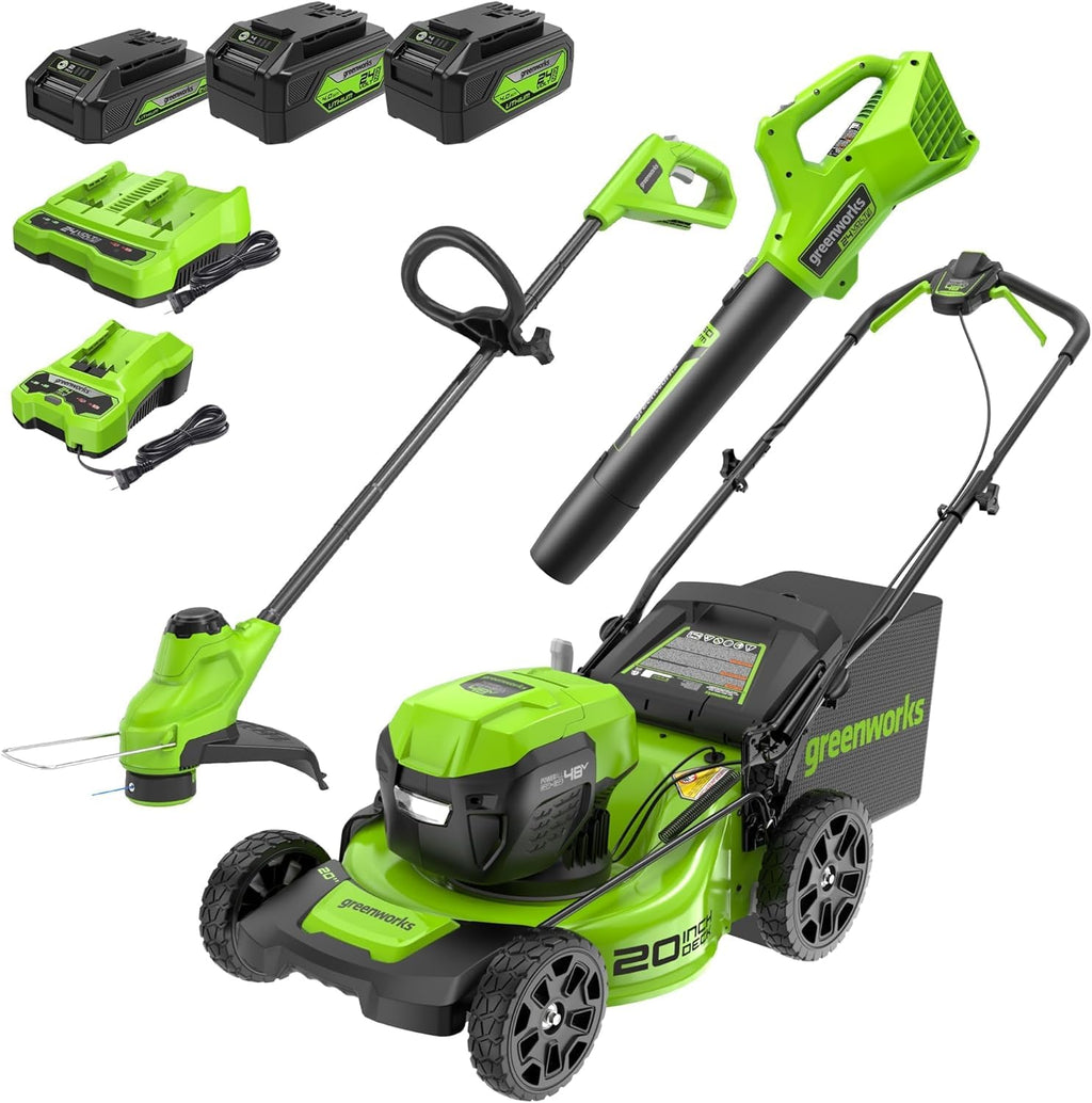 48V (24V x 2) 20" Cordless Battery Mower, 12" String Trimmer/Edger, &amp; 320 CFM Blower Combo Kit w/ (2) 4.0Ah Batteries, (1) 2.0Ah Battery &amp; Chargers