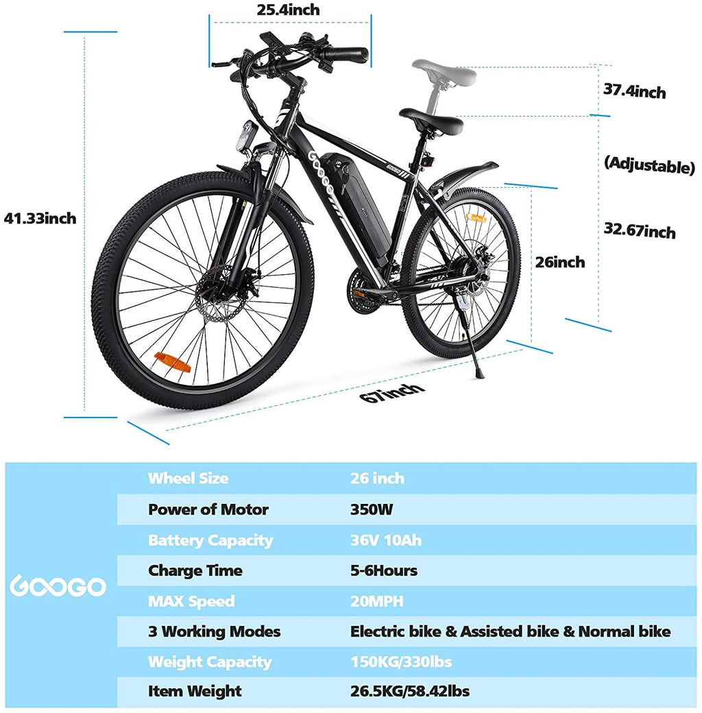 Electric Bike for Adults,Googo 26" Electric Mountain Bike with 350W Motor,Removable 36V Battery,Professional 21 Speed Gears,Middle 5 Speed LCD Display with USB,3 WorModes,20MPH Electric Bicycle
