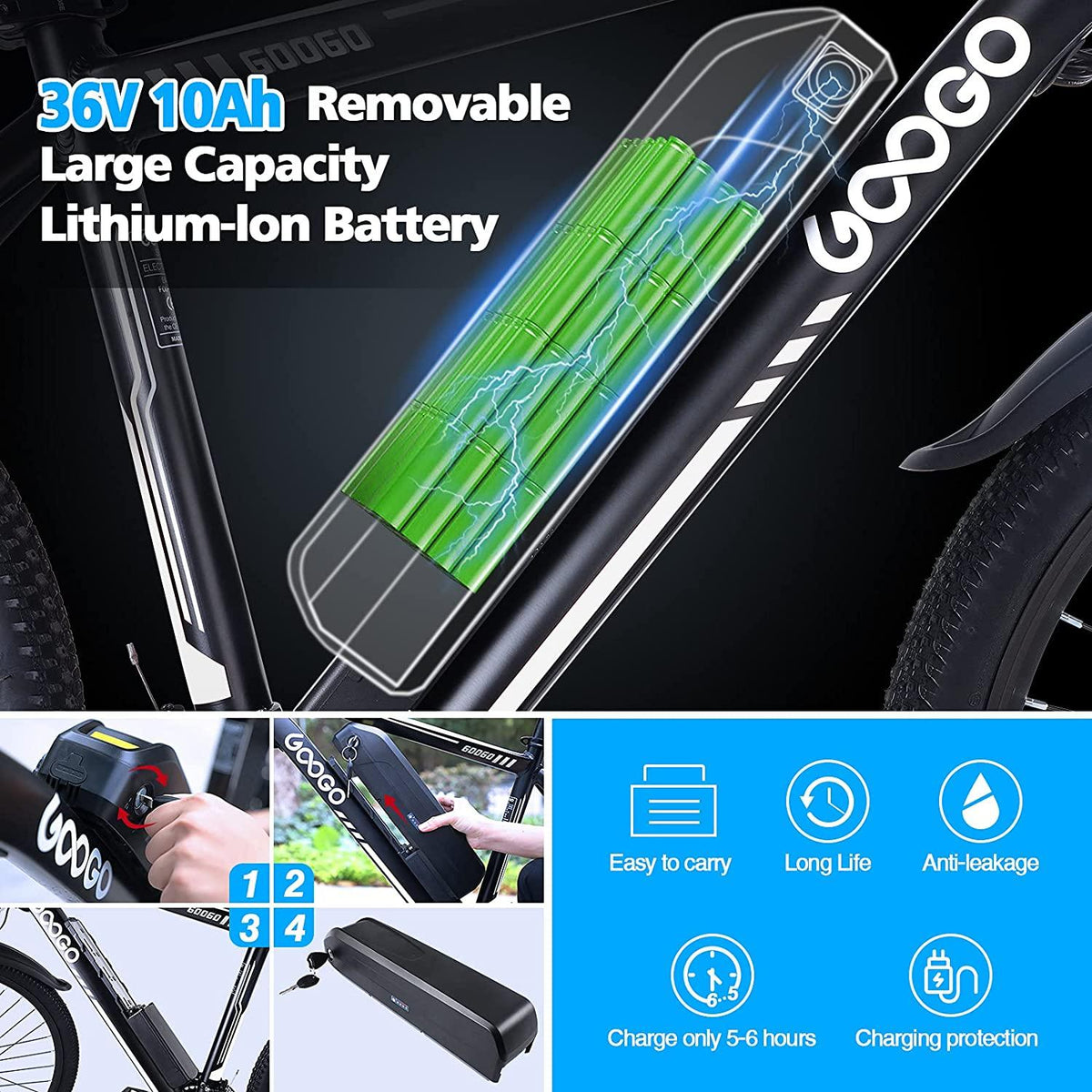 Electric Bike for Adults,Googo 26" Electric Mountain Bike with 350W Motor,Removable 36V Battery,Professional 21 Speed Gears,Middle 5 Speed LCD Display with USB,3 WorModes,20MPH Electric Bicycle
