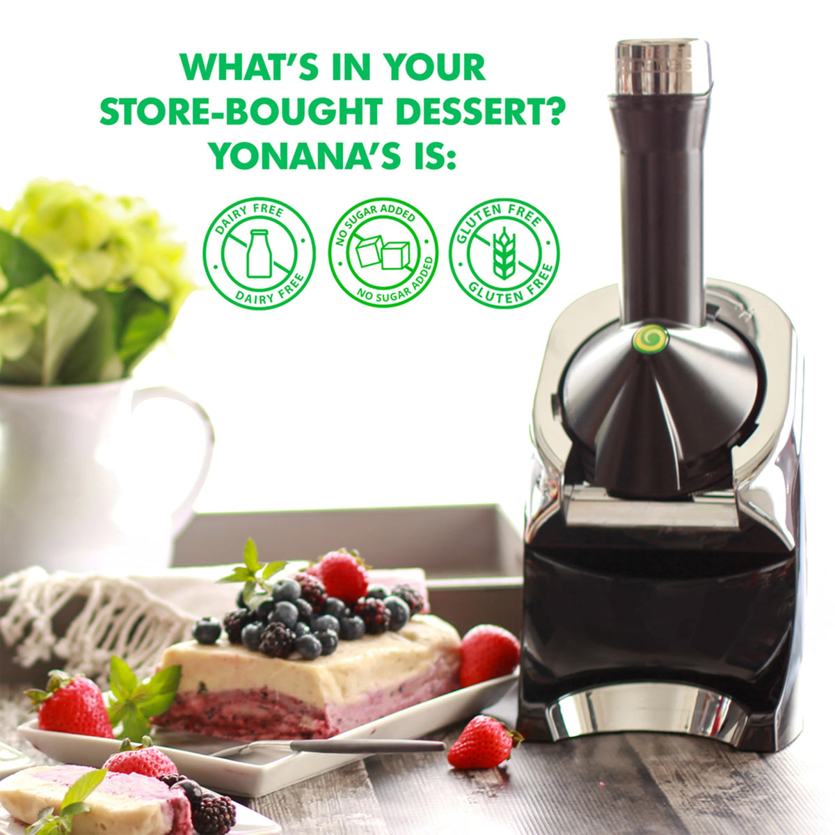 Deluxe Frozen Fruit Soft Serve Dessert Maker, Vegan and Dairy-Treats with No Added Sugar, Easy Push Button Operation, Includes 75 Recipe Booklet, Dishwasher Safe Parts, in Black
