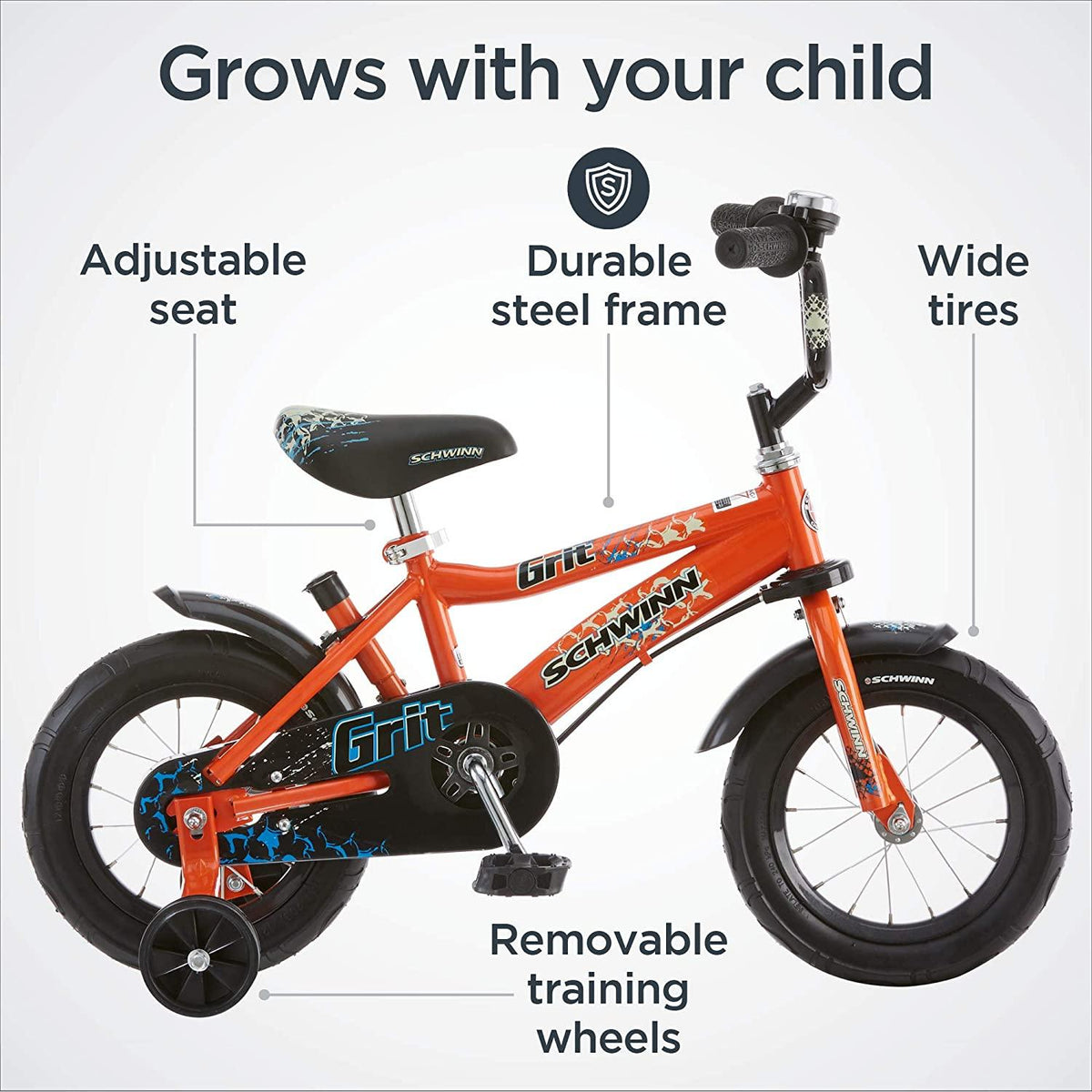 Schwinn Grit and Petunia Steerable Kids Bike, Boys and Girls Beginner Bicycle, 12-Inch Wheels, Training Wheels, Easily Removed Parent Push Handle with Water Bottle Holder, Multiple Colors