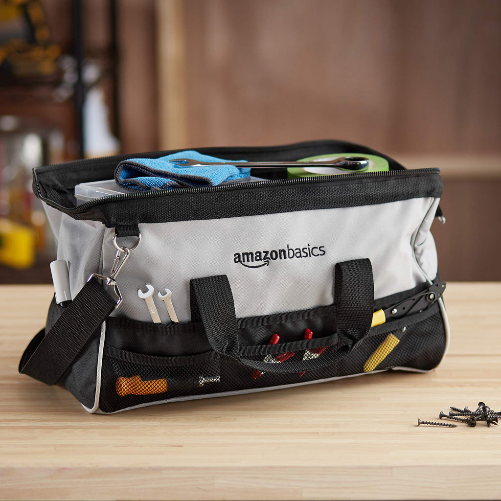 Durable Wear-Resistant Tool StoraBag with Adjustable Shoulder Strap, Portable Tool Organizer, 16 in, Black & Grey