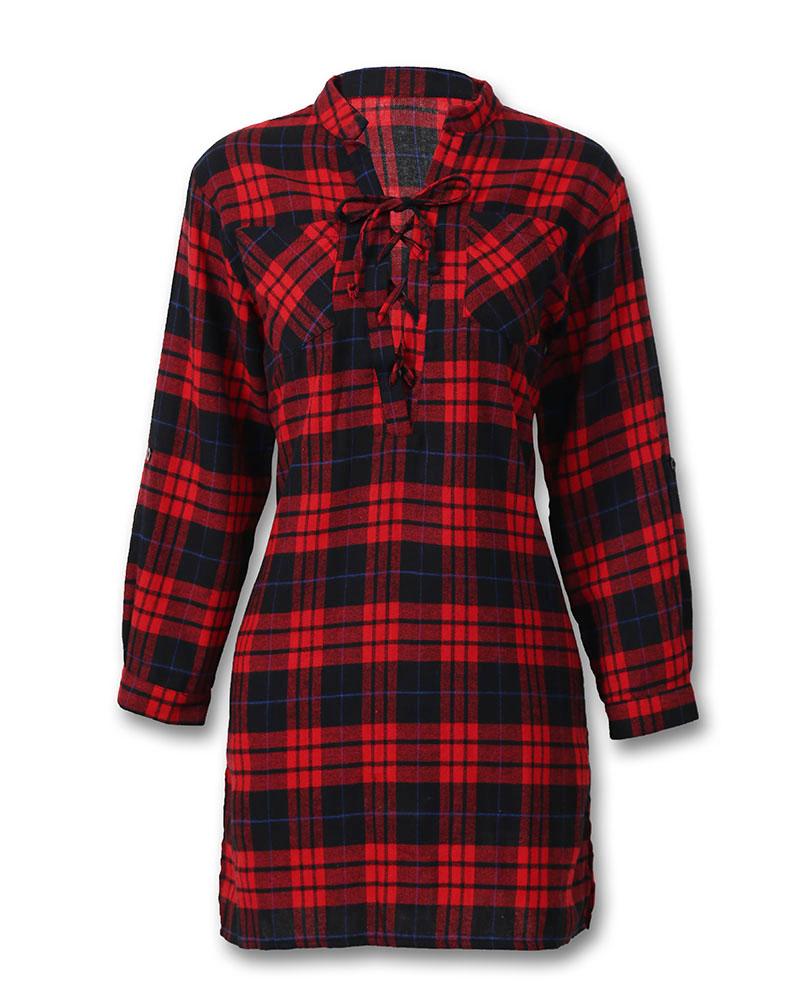 plaid lace-up side slit shirt dress