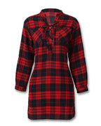 plaid lace-up side slit shirt dress