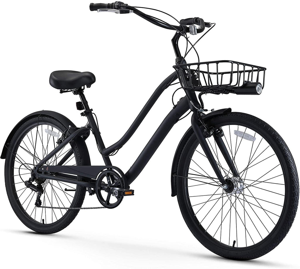 reezero EVRYjourney Men's Casual Edition 7-Speed Sport Hybrid Cruiser Bike w/Integrated Cable Lock, Light and Basket, 26" Bicycle, Matte Black with Black Seat and Black Grips