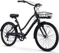 reezero EVRYjourney Men's Casual Edition 7-Speed Sport Hybrid Cruiser Bike w/Integrated Cable Lock, Light and Basket, 26" Bicycle, Matte Black with Black Seat and Black Grips